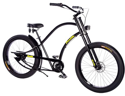 Plumbike Grand Chopper Unique Glossy Black Fahrrad 26 Zoll Herren - Amerikanische Old School City Bike - Großer Fahrradsattel Urbanes Stadtahrrad - 7-Gang-Version, Scheibenbremse - Schwarz Matt