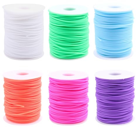 JIHUOO 6 rollos de cuerdas de goma huecas, de silicona, para tejer, para barbería, cordón elástico, para pulseras, llaveros, manualidades