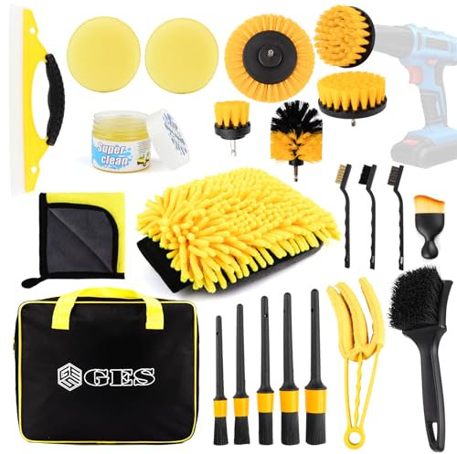 GES Kit de Limpieza de automóviles 22 Piezas: Juego Completo de Detalles para Interior, Exterior, Ruedas, Cuero, Rejillas de ventilación y Tablero (Amarillo)