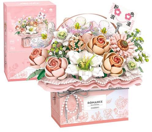 Bloc de construction Fleurs Rose Panier de fleurs Bloc de construction Bouquet de fleurs avec lumière lumineuse Rose Bonsaï Bloc de construction Jouet pour fille femme épouse petite amie maman Ca