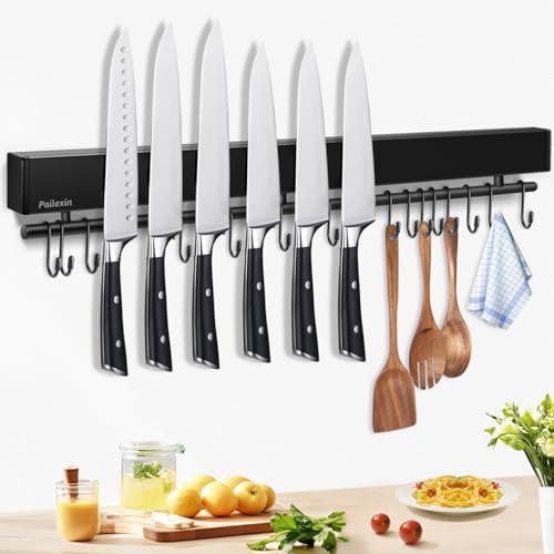 Pailexin 23 inch magnetic knife holder with 15 hooks, No Drilling black knife magnetic strip and utensil hanger for wall, Powerful knife magnet rack include tape and screws