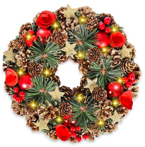 Couronne de Noël, Couronne de l'Avent de Noël Porte 30 cm, Couronne de Décorée avec 20 LED, Baies & Pommes de Pin, Guirlande de Noël Artificielle, Décoration de Porte de Noël