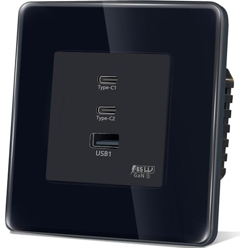 TAWOIA Prise Schuko, 65 W type C et interface de charge rapide USB pour téléphones portables, tablettes et ordinateurs portables, plaque en verre incurvé 2,5D, prise murale encastrée, USB C, noir, 86