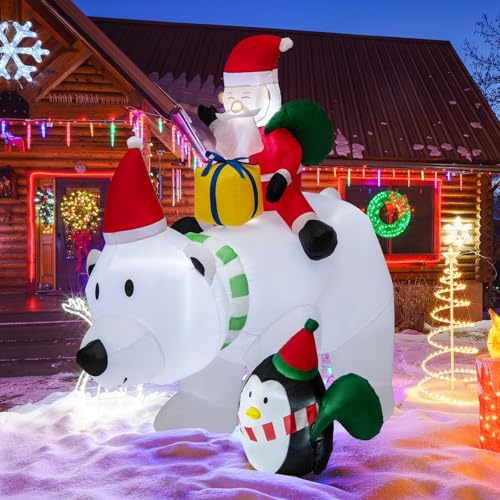 GYMAX Weihnachtsdekoration, 210cm aufblasbares Weihnachtsmann auf einem Eisbär mit Schüttelkopf, Hofdekoration mit LED-Leuchten, Weihnachtsdeko, Weihnachtsfigur für Rasen & Garten