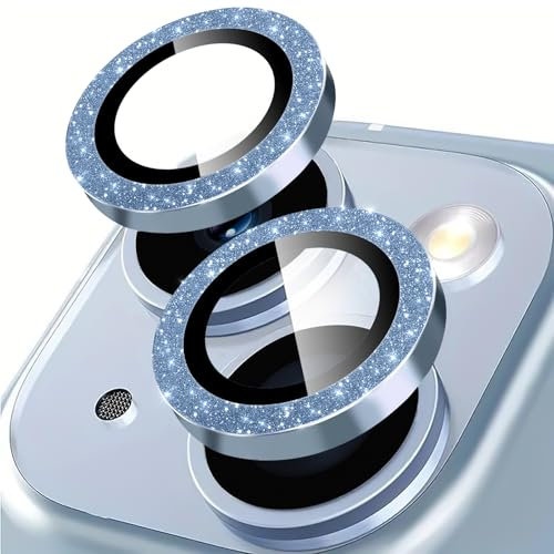 Rainway Camera Lens Protector for iPhone 14 / iPhone 14 Plus, Glitter Decoration Individual Lens Protectors, Ultra-tough HD Tempered Glass with Aluminum Rim, Ultra-thin, Blue
