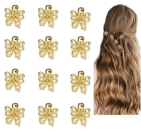 YFelomatric 12 mini horquillas para el pelo, flores doradas, bonitas pinzas para el pelo, pequeñas pinzas para el pelo de flores, accesorios para el cabello para mujeres y niñas