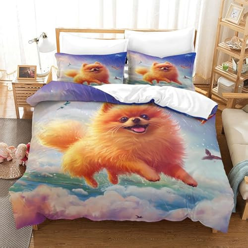 HMRKOEPGX Zwergspitz 3D Gedruckt Bettbezug Aesthetic Welpe Bettbezug 3 Teilig Weich Mit Reißverschluss Wende Bettwäsche Deckung Set Double（200x200cm）