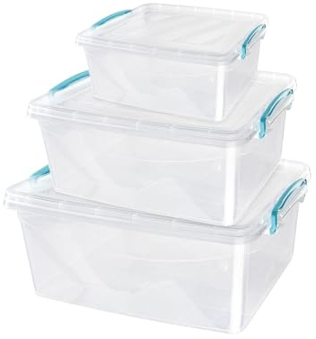 JVL Plastic Clip Lidded Food Storage Box, Stackable & Nestable, Set of 3, 1.6L, 3L, 5L