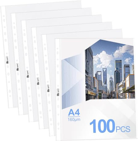 Agoer 100 Punched Pockets A4 Matt,160 Micron Heavy Duty Poly Pockets A4,Clear Plastic Wallets Top Opening,11 Hole Sheet Protectors for 2/3/4 Ring Binder Acid-Free for Filing Folders,Sleeves,Documents
