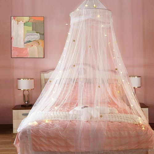 Regenbogen Baldachin Kinderzimmer, Hängendes Mückennetz Bett mit Runder Kuppel und Leuchtenden Sternaufklebern, Betthimmel Mädchen für Reise Und Zu Hause (Weiß, 60 * 250 * 1100cm/2 * 8.2 * 36.1ft)