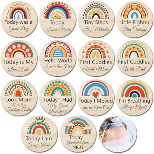 14 Designs NICU Milestone Cards Sign - Reversible Hospital to Home Journey Wooden Photo Props for Preemies, Celebrate NICU Baby's Special Milestone Moments (NICU Milestones)