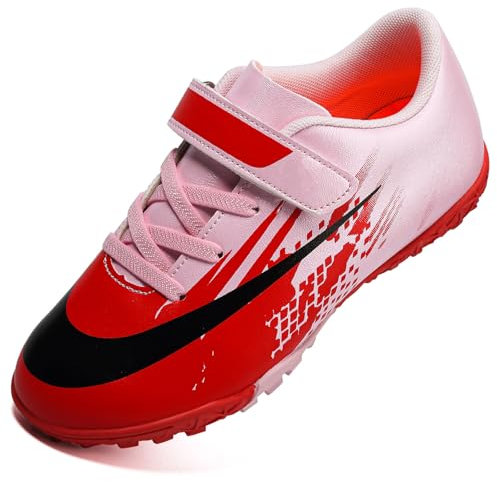 Dhinash Boys Football Boots Kids Astro Turf Trainers Football Shoes Girls Soccer Shoes Teenager Indoor Outdoor Athletics Training Sport Sneakers Unisex Red Pink 3.5UK