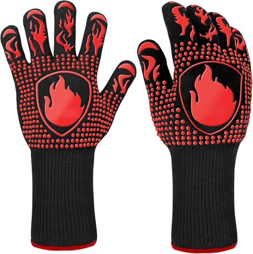 Primajor Grillhandschuhe Hitzebeständig bis 800°C, Grill Handschuhe mit verlängerter Stulpe, Ofenhandschuhe Topfhandschuhe Kochhandschuhe Feuerfeste Handschuhe zum Backen, Grillen, Kochen, BBQ