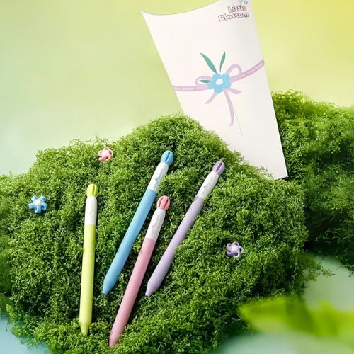 Blumen Gelstifte, 4 Stück 0,5 mm Blütenstift, Kugelschreiber Hochwertig, Schwarze Tinte, Gel Pens, Aesthetic Stuff Stifte, Removable and Recombinable, Stifte Set für Büro Schule Geschenk (B)