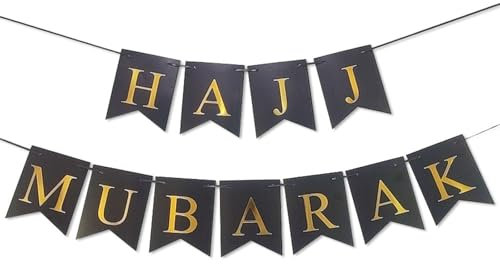 Ovanda Hajj Mubarak Banner, Hajj Mubarak Deko, Partydekoration Buchstabe Heißprägung Banner Pull Flag Hajj Geschenke, Home Mantel Kamin Dekoration für Eid, Ramadan, Islam Deko für festliche Anlässe