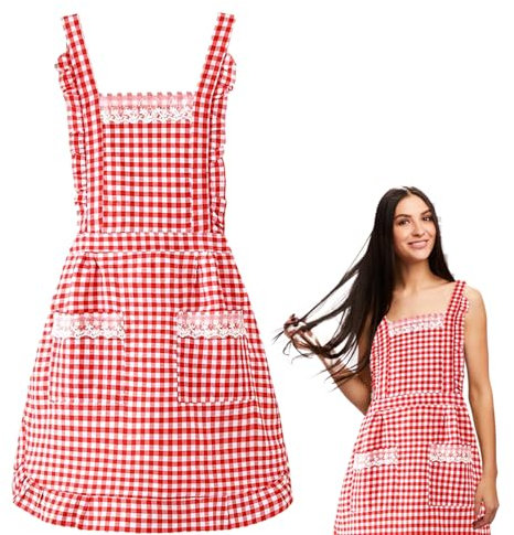 MOAZIFI Schürze Damen, Kittelschürze Damen mit Karomuster, Baumwollschürze mit Blumenmuster, Küchenschürze, Wasserdicht und Langlebig, Ideal für Küche, Catering und als Geschenk, Größe 95 cm x 70 cm