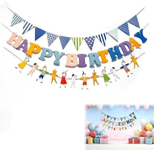 Azlanway Happy Birthday Garland Set with Bunting & Figure Chain - Colourful Kids Birthday Decoration Boys & Girls - Hanging Decoration for Baby Shower, 1st Birthday, Photo Background, Party Wall
