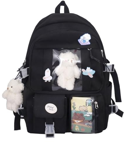 HuiYStar Kawaii-Schulrucksack für Mädchen und Frauen,Süßer ästhetischer Rucksack, Schul- und Büchertasche mit Anstecknadel und Zubehör,Schwarz