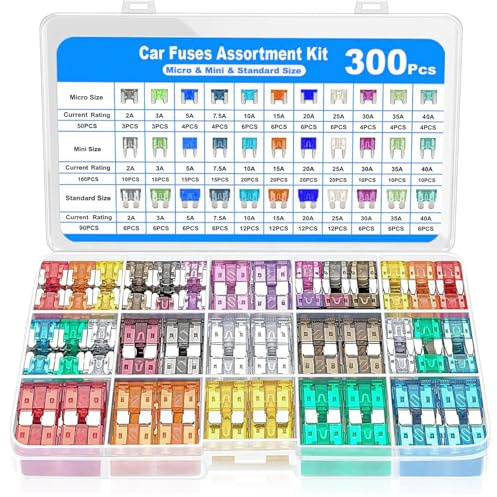 300-teiliges Kfz Sicherungen, Standard & Mini Autosicherungen Set Gemischt, Flachsicherungen Kfz (2A, 3A, 5A, 7.5A, 10A, 15A, 20A, 25A, 30A, 35A, 40A) für PKW, Wohnmobil, Motorrad, Geländewagen
