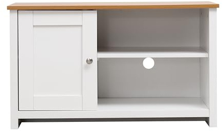 Wooden TV Stand Cabinet TV Unit with 1 Door and Shelves TV Storage Unit Entertainment Multimedia Centres Small Space for Living Room Furniture (White + Oak Color)