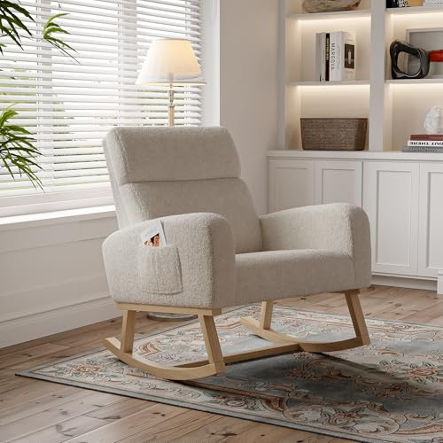 Schaukelstuhl mit Armlehnen, gepolsterter Schaukelstuhl, Schaukelstuhl, Schlafzimmer, mit seitlicher Aufbewahrungstasche, ergonomischer Polstersessel (Beige A, Samt)