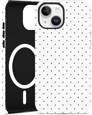 Jusy Polka Dot Magnetic Phone Case for iPhone 14 Plus, White | Compatible with MagSafe, Cute Polka Dots Aesthetic Design, Wireless Charging, TPU and PC Shockproof