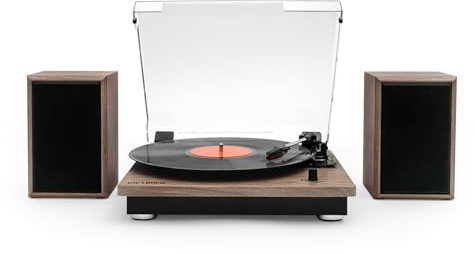 Victrola Montauk - Bluetooth Record Player - Farmhouse Walnut | 3-speed belt-drive turntable and pair of stereo Bluetooth speakers, RCA output, 3.5mm aux/headphone jack, dust cover