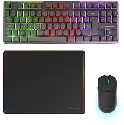 Mars Gaming MCPWTKL, Espagnol, Combo Gaming sans Fil, Technologie DualPro Link 2.4GPRO, Clavier TKL FRGB Rainbow + Souris RGB 3200DPI avec Switches HUANO + Tapis Antidérapant 360x260mm, Noir
