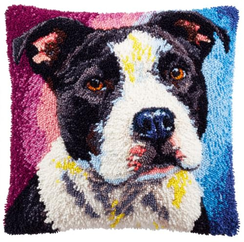 Rqwybcaxn Knüpfkissen Set Hund Staffordshire Bullterrier Knüpfkissen Set Für Anfänger Erwachsene Oder Kinder Zum Selber Knüpfen,Diy Knüpfteppich Knüpfpackung,43X43Cm
