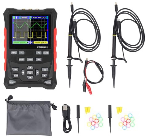 Ticfox Handheld Oscilloscope Multimeter, 2 Channels 120MHz Bandwidth 500MSa/S Sampling Rate 2.4in TFT Screen Oscilloscope with 1‑10X Probe