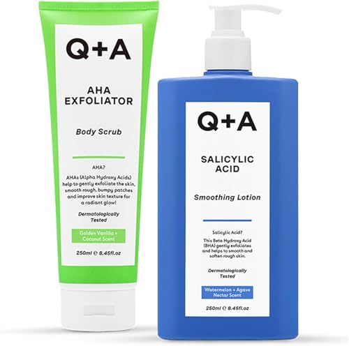 Q+A AHA Body Scrub and Salicylic Body Lotion Set 2 x 250ml | Exfoliating and Smoothing Body Care Duo for Rough and Bumpy Skin