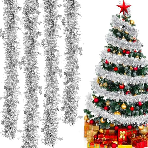 Lametta Girlande Weihnachten, 8 Stück Weihnachtsdeko Girlanden, Weihnachtsgirlanden Mit Sternen Verziert, Weihnachtsbaum Dekoration Girlande, Weihnachtsgirlande Treppe, Weihnachtsgirlanden Kamin