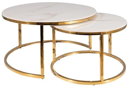 SIGNAL MEBLE, PORTAFINO, Couchtisch, 2-teilig, Keramik-Tischplatte, Luxus Couchtisch Set, Gold-Metallgestell, Ø60/45cm, Weiß/Gold