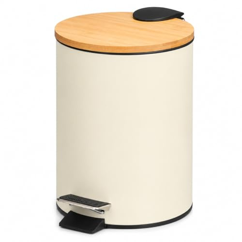 TIENDA EURASIA – Papelera Baño | Metal + Tapa de Bambú | Capacidad 3L | Medidas 17x21x23.5 cm y Cubo Interior 16.8x16.8x18.2 | con Pedal (Beige)