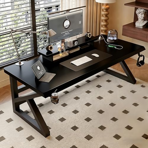 FUKEFUZ Ergonomic Computer Desk with Built-in Power Outlet, 1 Inch Thick Heavy Duty Gaming Table with Slanted Edge, K-Shaped PC Workstation with 23.6 Cable Management Box for Home Office(black,32IN)