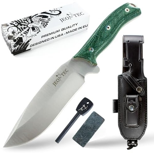 JEO-TEC Nº9 Coltello a Lama Fissa Acciaio Inossidabile, Coltello da Caccia 28 cm, Coltello Bushcraft Fodero In Pelle per Sopravvivenza All'aperto, Caccia, Campeggio, Fatto in Spagna