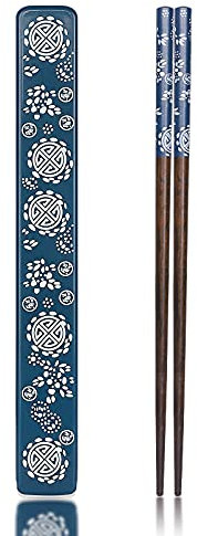 Youda Baguettes Réutilisables en Bois Naturel Japonais 1 Paire avec étui, Portable et Lavable au Lave-Vaisselle (Bleu)