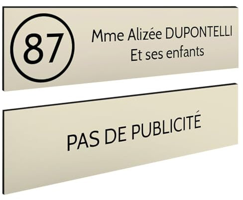 DECOHO - Plaque Boite aux Lettres Personnalisable - Lot de 2 plaques adhésives PMMA Beige-Noir - Format 100x25 mm - Gravure Laser précise - Beige