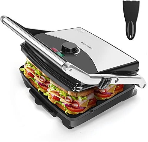 Aigostar Grill Carne e Panini Multifunzione, 2000 W, Apparecchio Panini con Piastre Antiadesive, Adattabile in Altezza, Superficie 29 x 23 cm, Vassoio Grasso Rimovibile, Stoccaggio Verticale, Spatola