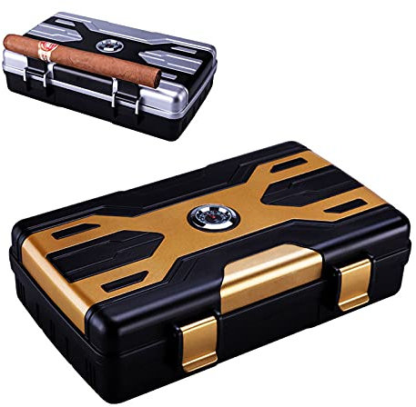 JHKJ Zigarrenschachtel Kleine Tragbare Zigarre Humidor Schaumfutter Mit Schloss und Zigarettenspitze Design (Halten Sie Bis zu 10 Zigarren) Zigarrenetui,Gold
