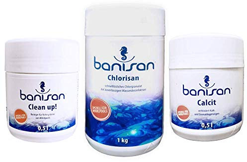 Banisan Sparset Whirlpool Wasserpflege Chlorisan 1kg | Clean Up! MAX 470ml | Calcit 500ml | Wasserpflege für Whirlpools SwimSpa Banisan