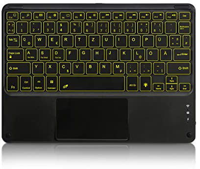 Bluetooth Tastatur Mit Touchpad - Beleuchtete Wiederaufladbare QWERTZ Für Tablet, iPad, Android, Microsoft Surface - 7 Farben Beleuchtung, Kabellos (Ohne Ständer)