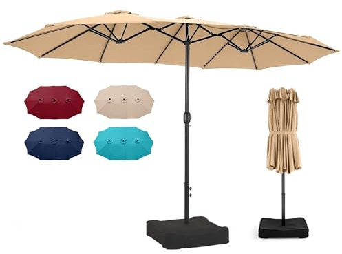 Bigroof Parasol de terrasse double face avec base et manivelle, parasol rectangulaire extra large pour terrasse, bord de piscine, pelouse et jardin, beige, 4,6 x 2,7 m