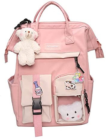 XPFYRWDPX Kawaii Backpack w/ Kawaii Pin Cute Accessories Backpack,with Bear Plush & Pin,Large Waterproof Nylon Cute Aesthetic Backpack, Travel Laptop Bag Kid Teen Student (Pink), 10.23x7.08x14.96in.