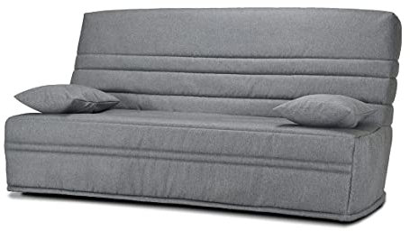 Meubletmoi Banquette lit clic clac 130x190 cm avec Housse en Tissu Gris chiné Matelas épaisseur 13 cm et 2 Coussins déco - EBRO