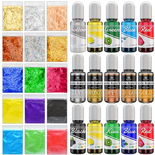 Epoxidharz Farben Set - Epoxy Resin Farbe, Glimmerpulver Pigment, Alkohol Tinte, Metallic Alcohol Ink, Glitzer, Foil Flakers für Epoxid Harz Kunsthandwerk, DIY Schmuckherstellung, Nagelkunst, Schleim