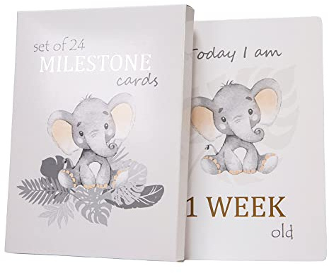 Happy Homewares Cute Baby Elephant Grey Quirky and Fun Set of 24 Milestone Cards for Boy or Girl | Perfect Baby Shower & New Born Baby Gift Idea