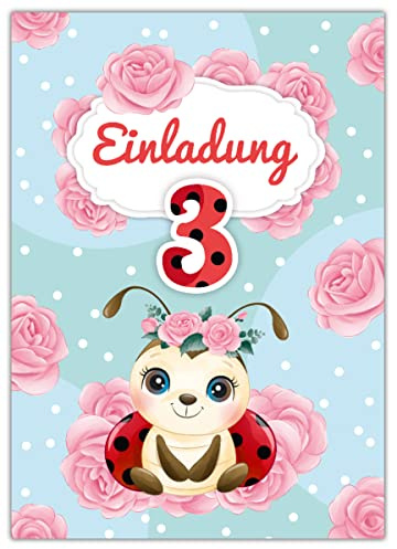 Junapack 12 Einladungskarten zum 3. Kindergeburtstag dritte Geburtstag Mädchen Marienkäfer