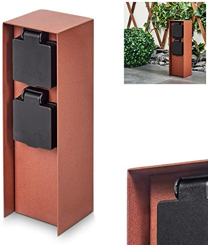 Außensteckdose Abilene, Gartensteckdose aus Metall in Rostfarben/Schwarz mit 2 Steckdosen und Klappdeckeln zur Festinstallation, Mehrfachsteckdose für draußen, IP 44