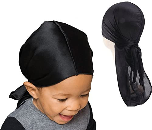Wudaizhi Kid's Siedry Durags Kappen Lange Schwanz Headwrap Turban Mützen Breitband Satin Cap Für 360 Wellenmänner Frauen (schwarz)